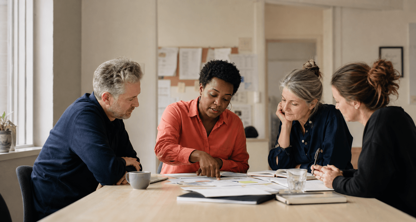 Four colleagues reviewing programme plans together around a table
